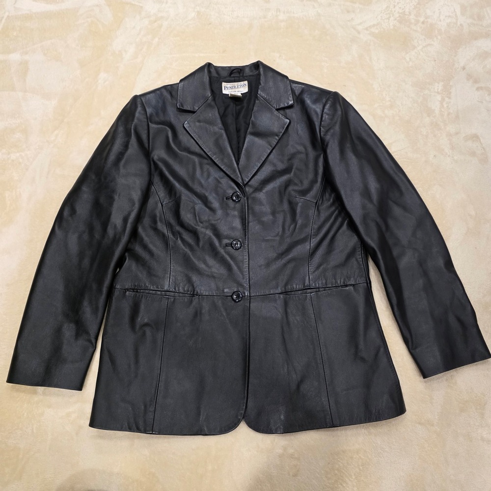 Vintage Pendleton Black Leather Blazer Jacket Women's Small 3-Button TF343